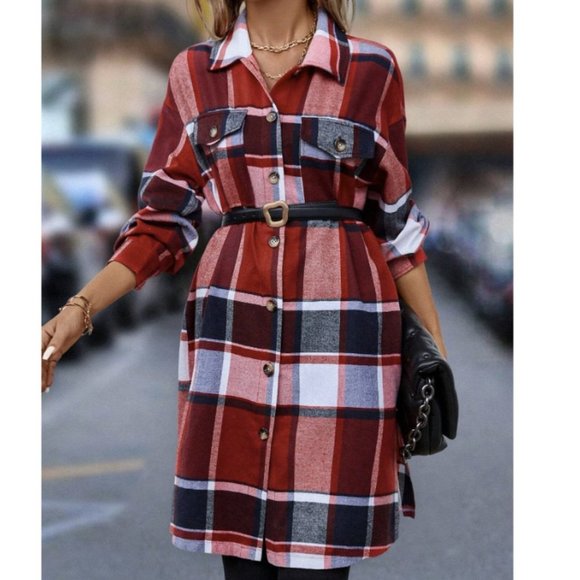 Red Trendy Womens Plaid Print Drop Shoulder Flap Pocket Overcoat - Picture 1 of 5